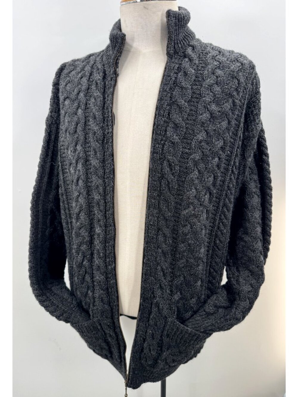 Vintage Carraig Donn Irish Wool Cable Knit Fisherman Cardigan Zip Coat Men Sz XL